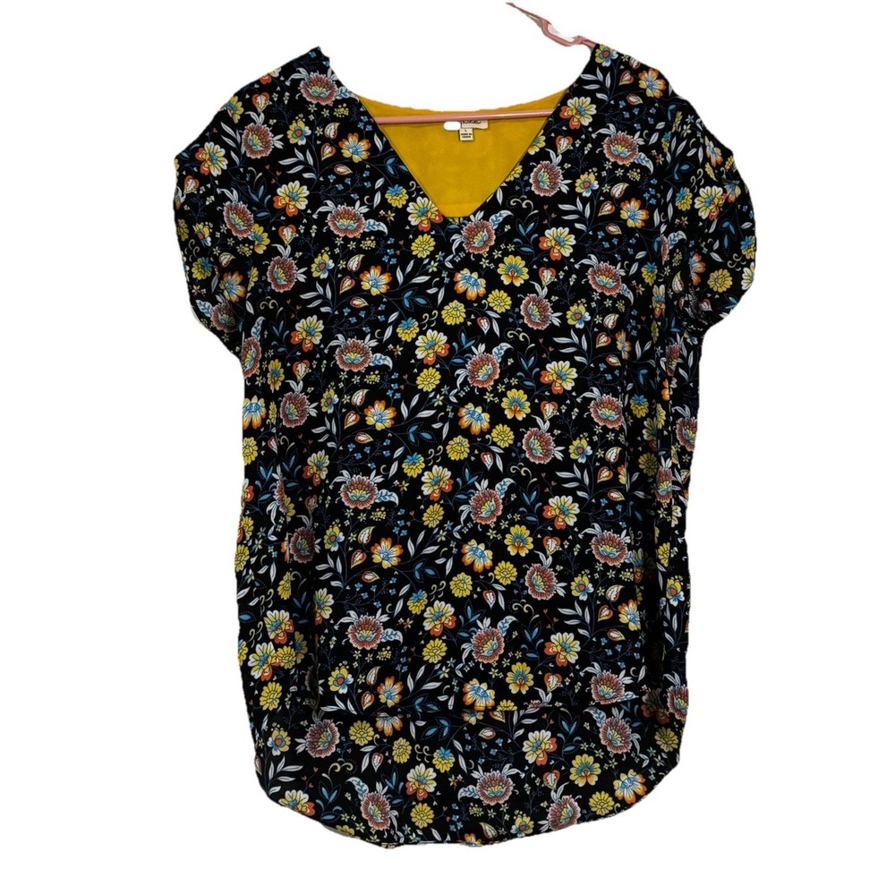 Lily White Women's Large Floral Print Blouse V-Neck Short Sleeve Curvy Hem Top